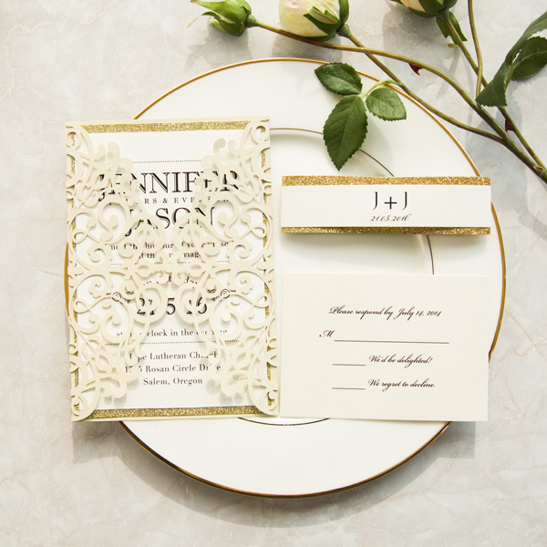 Elegante Ivory Hochzeitskarte mit glitter Papier Banderole KPL306