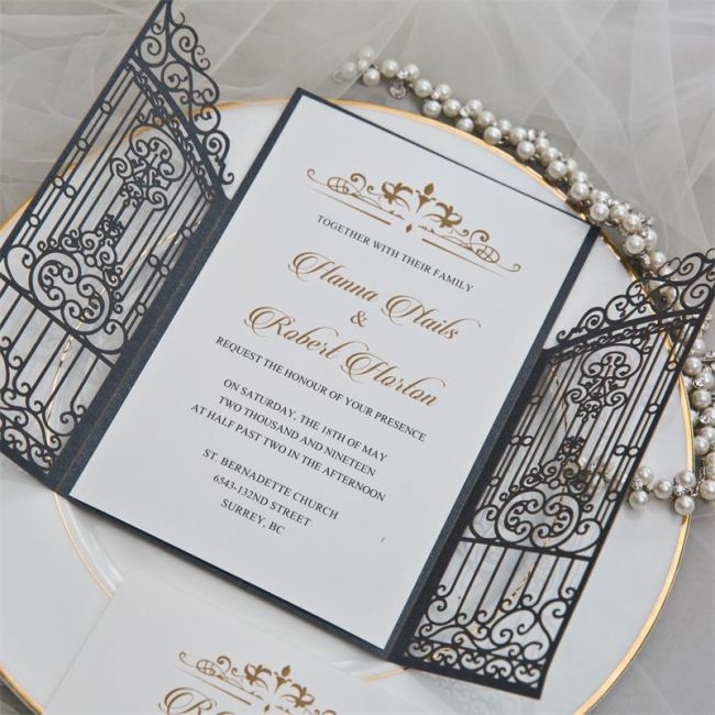 chic Schwarz Gold Tuer Lasercut Hochzeitseinladung KPL341