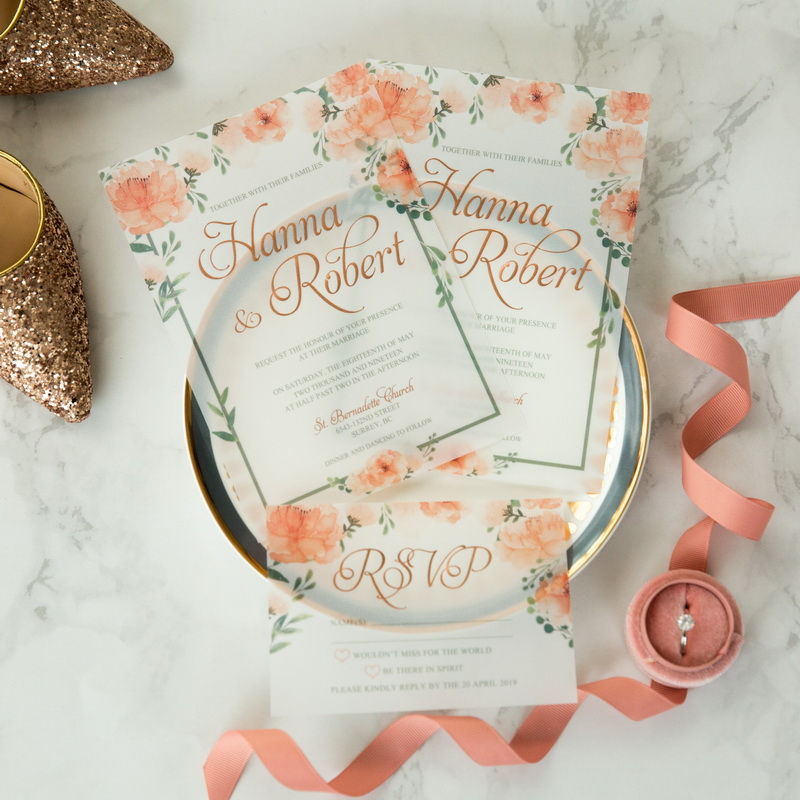 Florale Hochzeitseinladungen mit Rosegold Folien Praegung KPL378