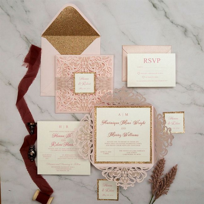 Stylish Blush&Glitter Lasercut Hochzeitskarten mit Transparenter Banderole KPL383