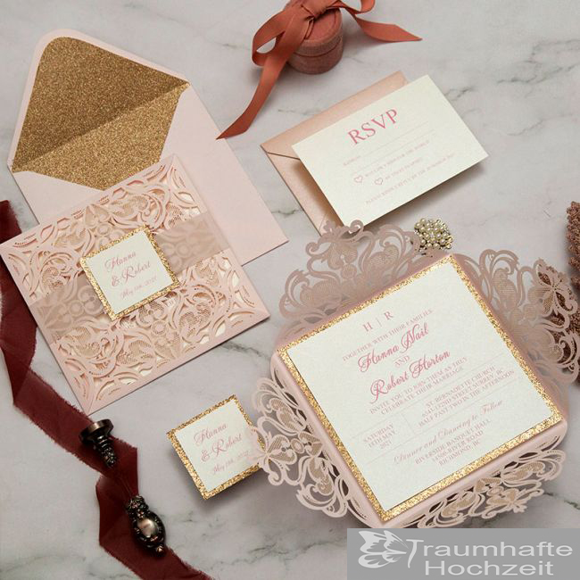 Stylish Blush&Glitter Lasercut Hochzeitskarten mit Transparenter Banderole KPL383