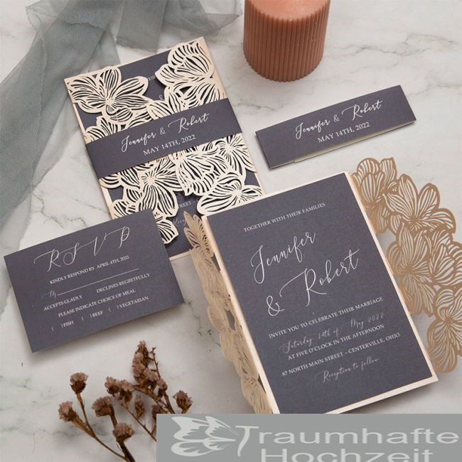 elegant blush Hochzeitskarten mit dunkelgrau Innenkarten&Banderole KPL384