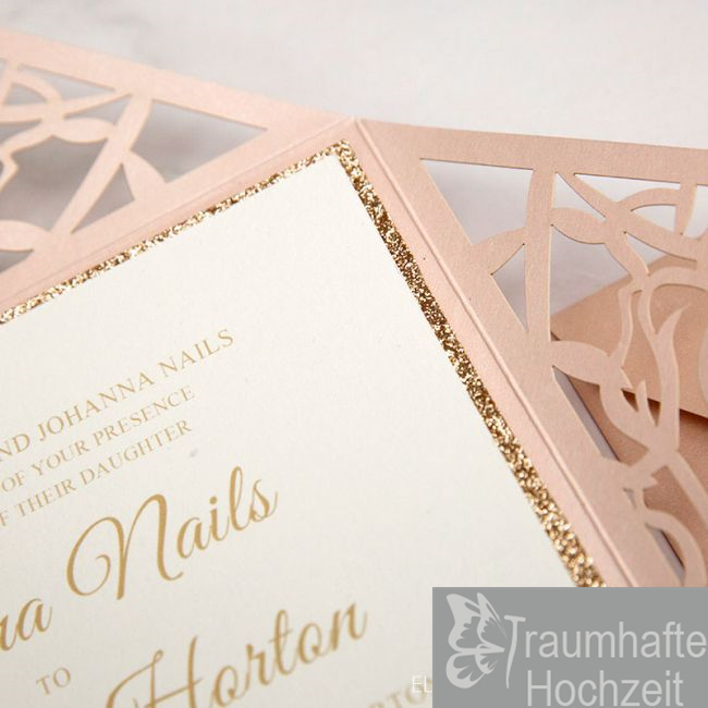 romantisch Blushpink Lasercut Hochzeitskarten mit Seidenband KPL386