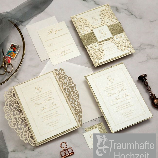 chic und modern lasercut Hochzeitskarten mit Glitter Gold Banderole KPL387