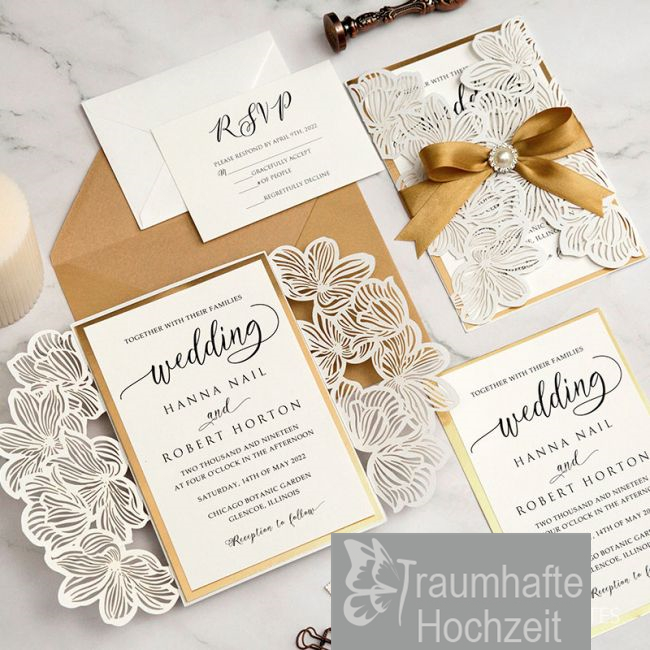 elegant Ivory Hochzeitskarten mit Gold Element KPL388