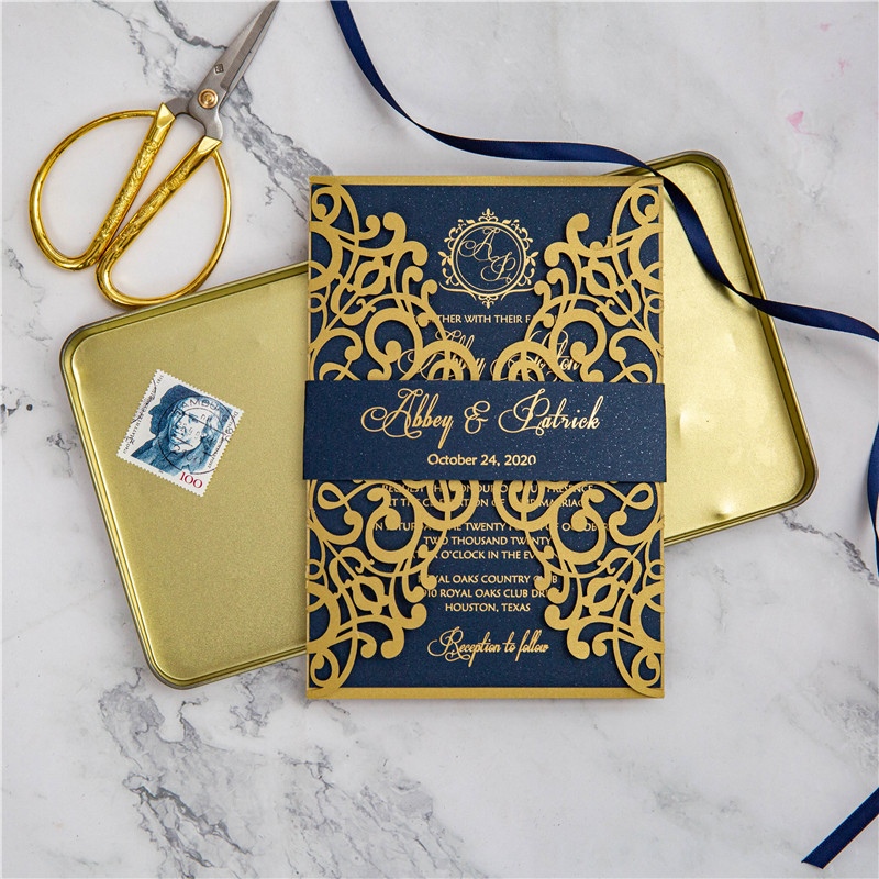 Luxuriöse Navy&Gold Hochzeitseinladung mit Foliendruck KPL390