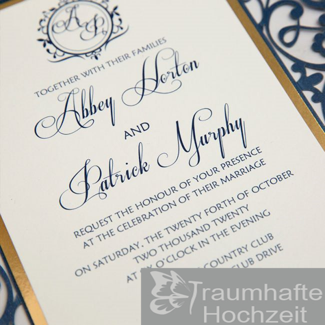 Klassisch Navyblau Lasercut Hochzeitseinladungen mit Gold Folien Banderole KPL391