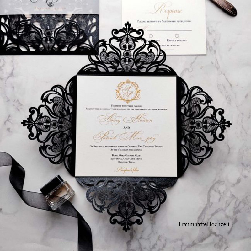 modern chic schwarze lasercut Hochzeitseinladung mit Banderole KPL393