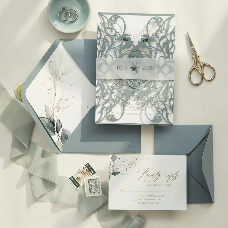 Romantische Dusty Blue Lasercut Hochzeitskarte KPL396