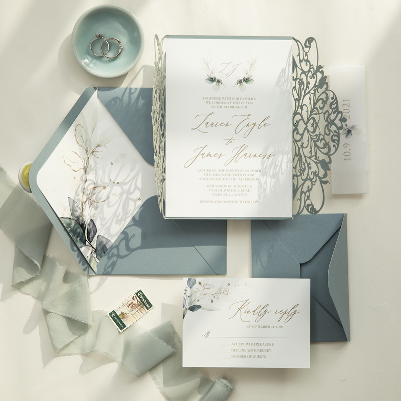 Romantische Dusty Blue Lasercut Hochzeitskarte KPL396