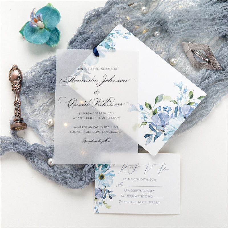 Blau Florals Kartenfächer mit Transparentpapier Hochzeitseinladungen KPV005