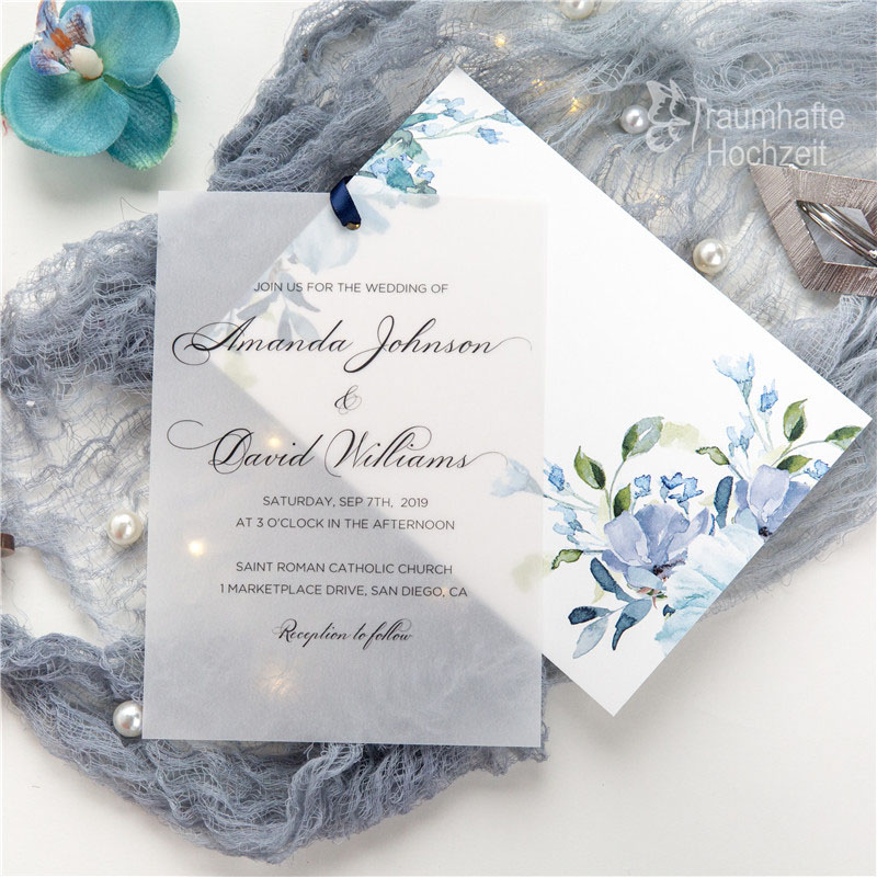 Blau Florals Kartenfächer mit Transparentpapier Hochzeitseinladungen KPV005