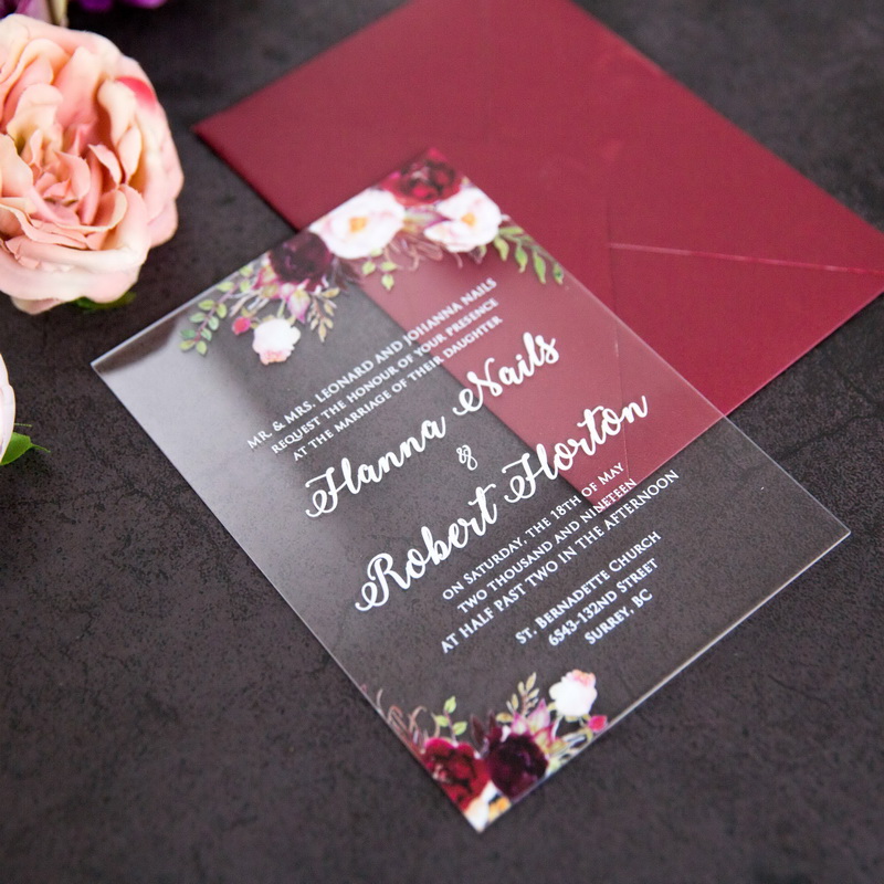 elegante florale Weinrot Acrylglas Hochzeitskarten TAC006