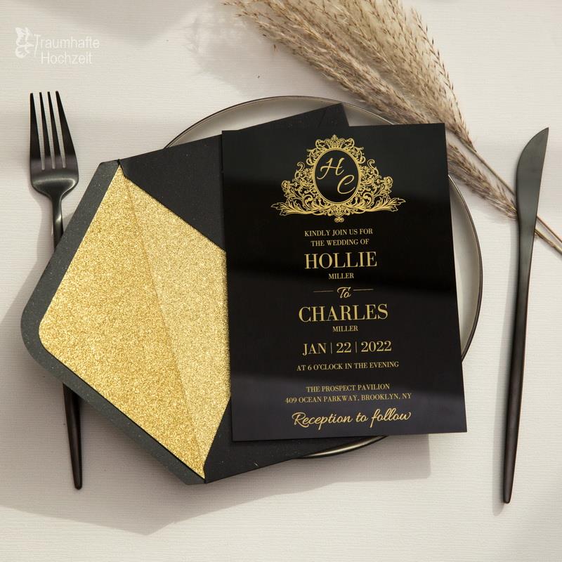 elegante Monogramm Goldene Acrylglas Einladungskarten zur Hochzeit TBAC01