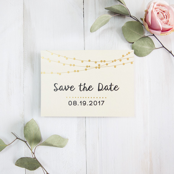 Ivory Gluehbirne Goldfolien Praegung Save the Date Karte TFL006