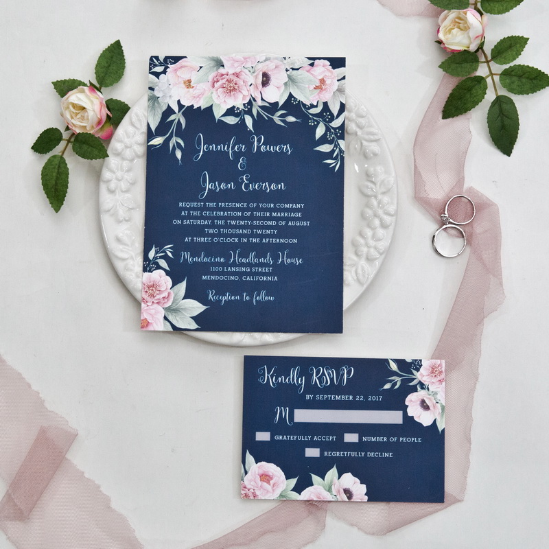 Rose & Navy Blumen Hochzeitskarte Save the Date TFL010