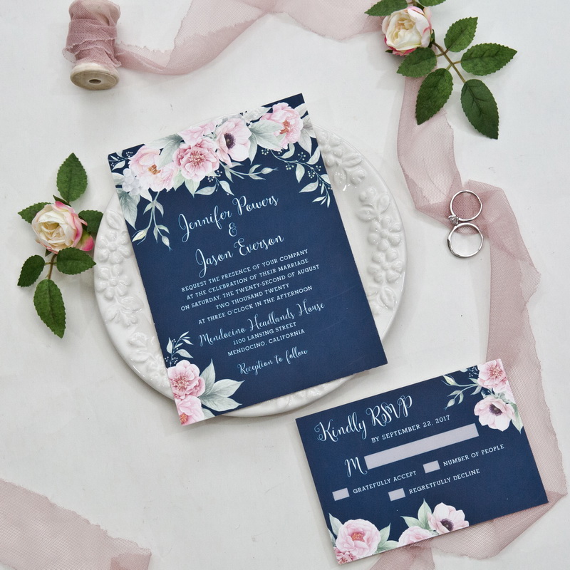 Rose & Navy Blumen Hochzeitskarte Save the Date TFL010