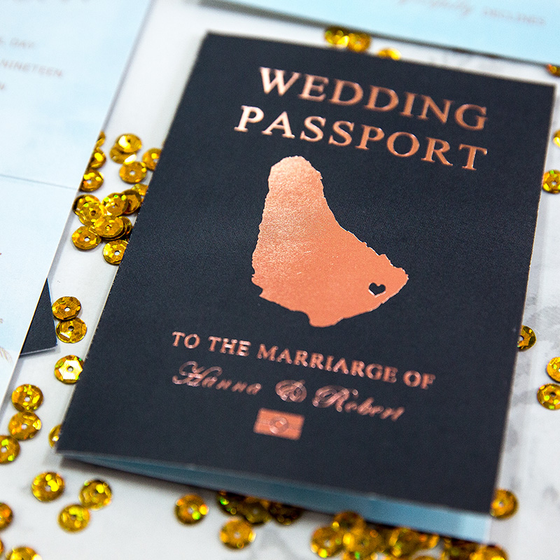 Passport Einladungen zur Hochzeit Rosegold Folienpraegung TFL018