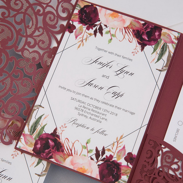 florale Burgundy Herbst lasercut Pocketfold Hochzeitskarte TPI032