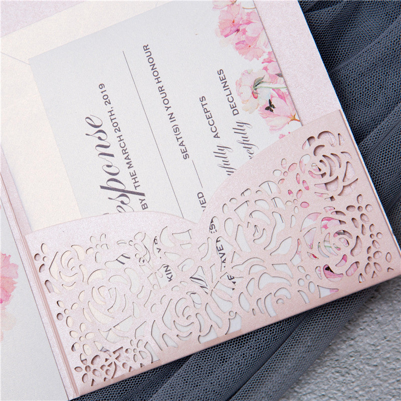 Rosa Pocketfold Hochzeitskarten mit Banderole TPI034