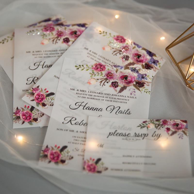 Blumen Lila UV Druck auf Transparentem Papier Hochzeitskarten TUV005