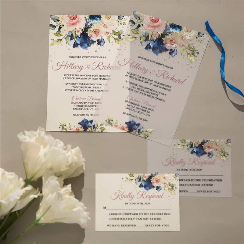 Blumen Navy Blau & Pink UV Druck Hochzeitskarten TUV006
